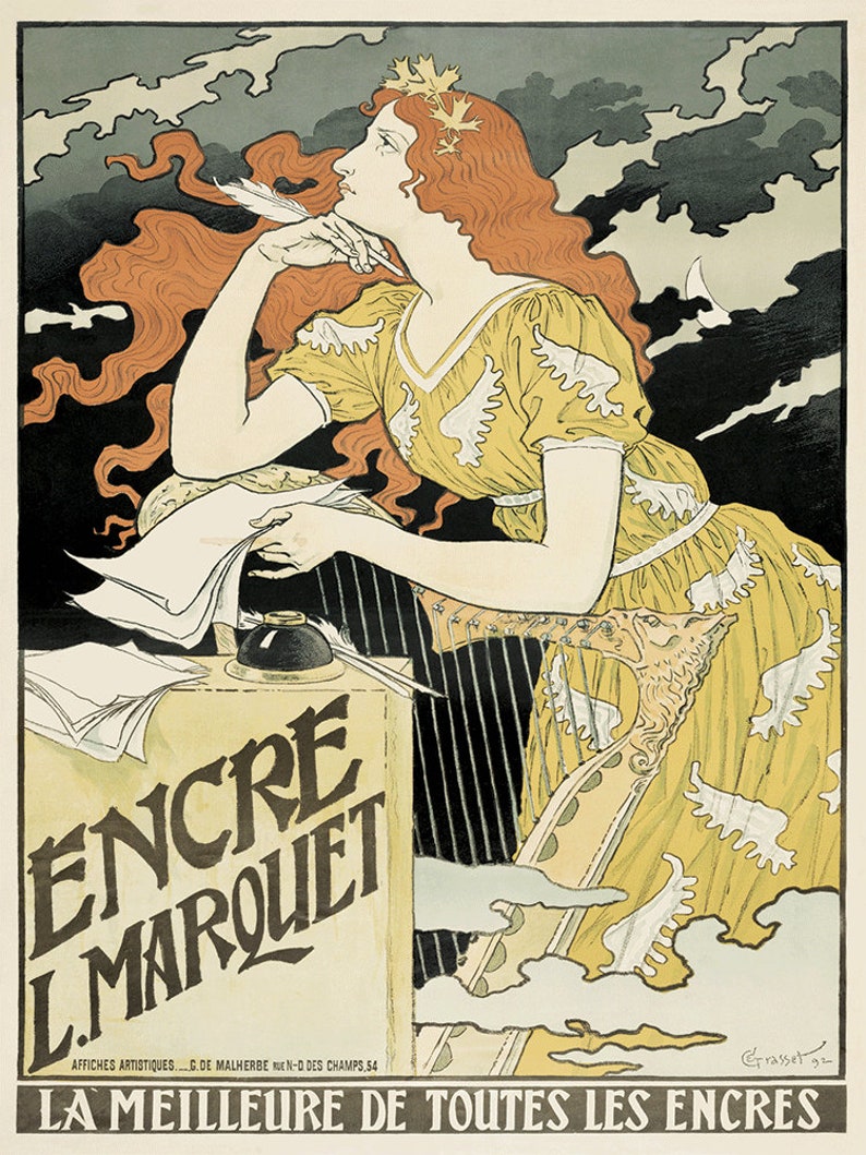 May include: A vintage poster advertising "Encre L. Marquet" ink. The poster features a woman with long red hair, wearing a yellow dress with white floral patterns, sitting at a desk and writing with a quill pen. The text "LA MEILLEURE DE TOUTES LES ENCRES" is at the bottom of the poster, meaning "The best of all inks".