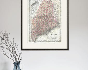 Stampa vintage della mappa del Maine: poster decorativo da parete in stile antico dello stato.