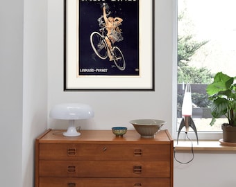 Vintage French Bicycle Poster: Navy Blue Antique Print