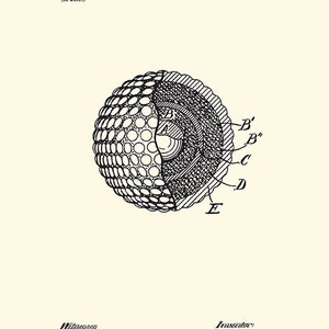 Puede incluir: Un dibujo en blanco y negro de un dise&ntilde;o de patente de bola de golf. La patente es para una bola de golf con una superficie con hoyuelos y un n&uacute;cleo en capas. El dibujo de la patente muestra una secci&oacute;n transversal de la bola de golf, con las capas del n&uacute;cleo etiquetadas con letras. La patente se titula "Bola de golf" y se present&oacute; el 30 de julio de 1900 y se patent&oacute; el 7 de octubre de 1902.