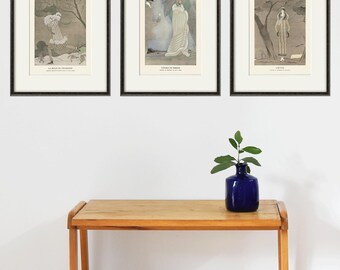 French Art Deco Fashion Print Set: Vintage Sepia Illustration