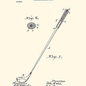 Puede incluir: Un dibujo en blanco y negro de un club de golf patentado. La patente es para un club de golf con un dise&ntilde;o &uacute;nico para la cabeza del club. La patente se present&oacute; el 11 de mayo de 1902 y se concedi&oacute; el 6 de octubre de 1903. La patente se titula "Club de golf" y el inventor es R. H. White.