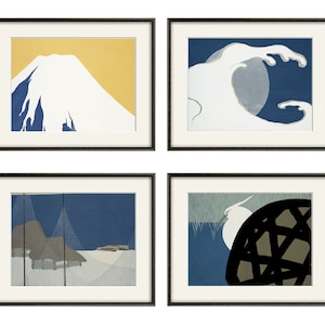 May include: Four framed prints with Japanese-inspired designs. The top left print features a white mountain with a yellow background. The top right print features a white wave crashing over a blue background. The bottom left print features a blue and white landscape with a mountain in the background. The bottom right print features a white bird with a black and gray background.