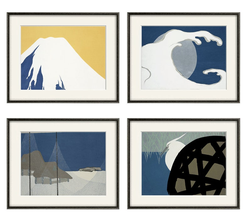 May include: Four framed prints with Japanese-inspired designs. The top left print features a white mountain with a yellow background. The top right print features a white wave crashing over a blue background. The bottom left print features a blue and white landscape with a mountain in the background. The bottom right print features a white bird with a black and gray background.