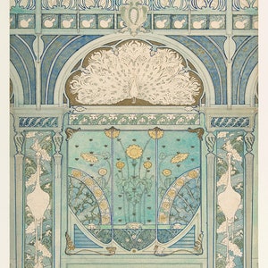 Peut inclure: Une illustration vintage d'un design d'int&eacute;rieur d&eacute;coratif avec un paon, des fleurs stylis&eacute;es et des oiseaux. Le design est dans des tons de bleu, vert et or.