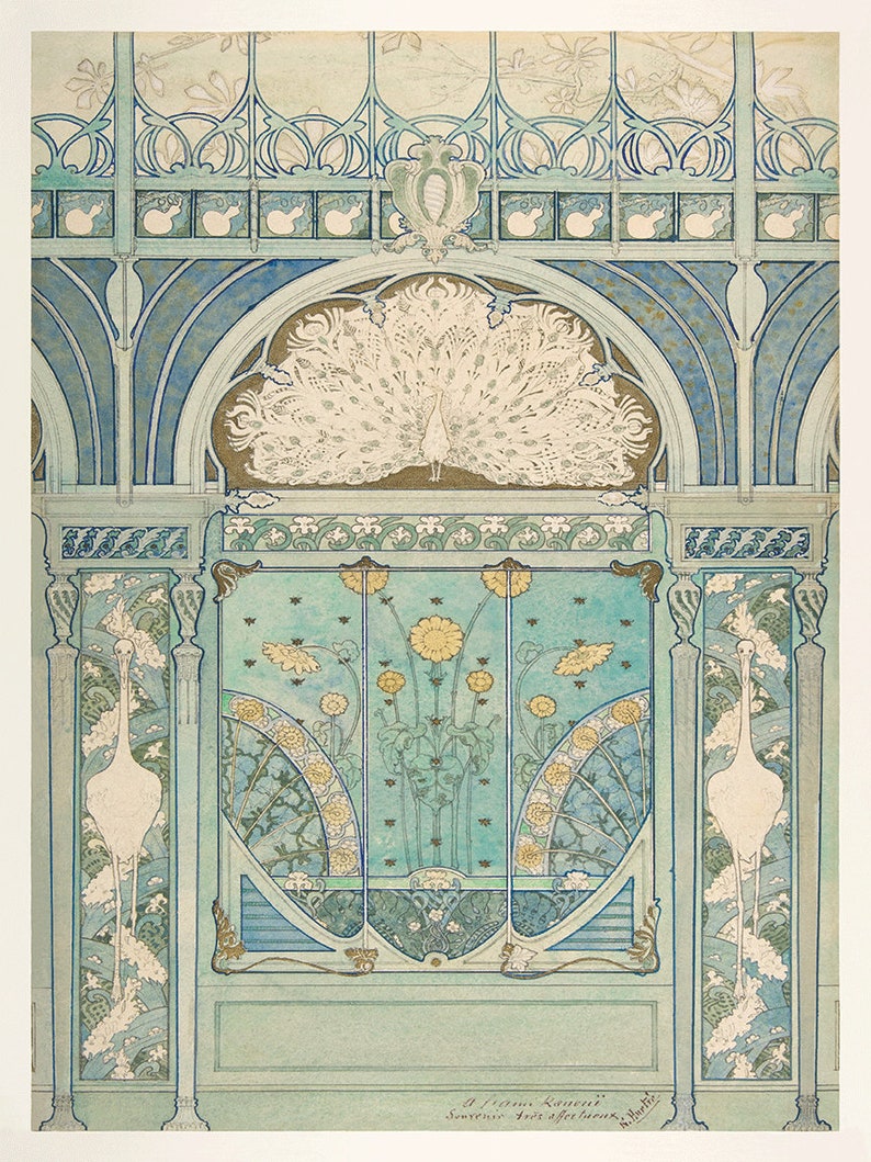 Peut inclure: Une illustration vintage d'un design d'int&eacute;rieur d&eacute;coratif avec un paon, des fleurs stylis&eacute;es et des oiseaux. Le design est dans des tons de bleu, vert et or.