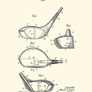 Puede incluir: Un dibujo en blanco y negro de una patente para una cabeza de palo de golf met&aacute;lica. El dibujo muestra diferentes vistas de la cabeza del palo, incluyendo el interior de la cabeza del palo. La patente se titula "Metallic Golf Club Head" y est&aacute; presentada por A. C. Link.