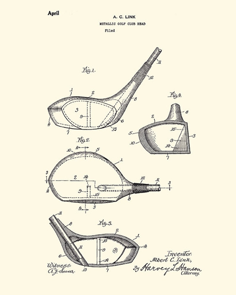 Puede incluir: Un dibujo en blanco y negro de una patente para una cabeza de palo de golf met&aacute;lica. El dibujo muestra diferentes vistas de la cabeza del palo, incluyendo el interior de la cabeza del palo. La patente se titula "Metallic Golf Club Head" y est&aacute; presentada por A. C. Link.