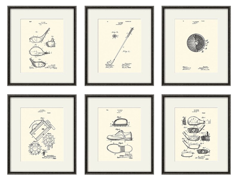 Puede incluir: Seis dibujos de patentes vintage en blanco y negro de equipos de golf, que incluyen un palo de golf, una pelota de golf, un zapato de golf y un tee de golf. Los dibujos est&aacute;n enmarcados en marcos negros.