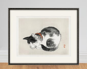 Vintage Japanese Cat Art Print: Asian Home Decor Poster