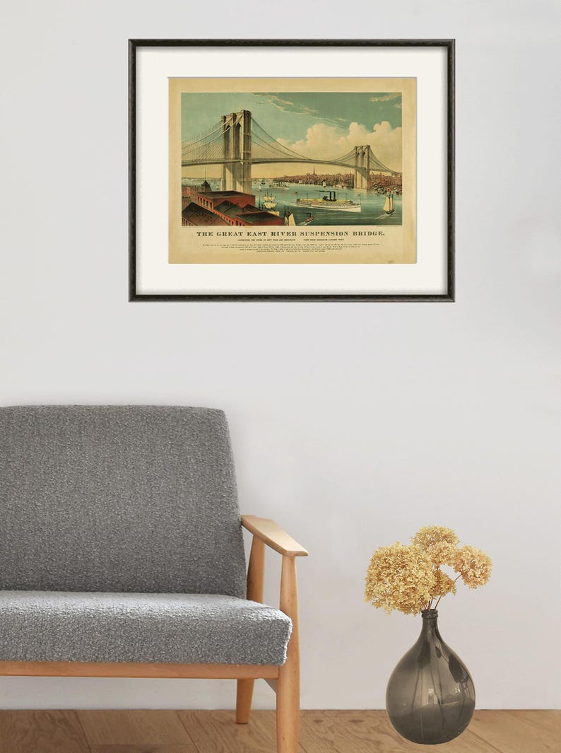 Lámina artística antigua del Puente de Brooklyn: Ciudad de Nueva York, decoración victoriana imagen 9