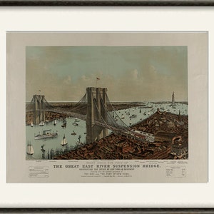 May include: Framed vintage print titled "Grand Birds Eye View of The Great East River Suspension Bridge." The print depicts a detailed aerial view of the bridge, ships, and cityscape, with text at the bottom. The print is framed in a dark gray frame.