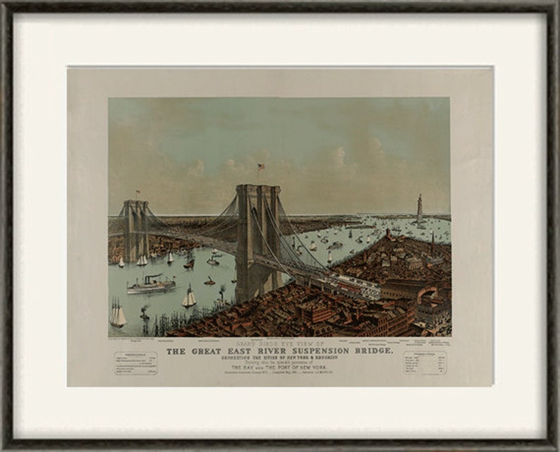 May include: Framed vintage print titled "Grand Birds Eye View of The Great East River Suspension Bridge." The print depicts a detailed aerial view of the bridge, ships, and cityscape, with text at the bottom. The print is framed in a dark gray frame.