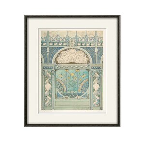 Peut inclure: Une illustration &agrave; l'aquarelle d'un design d'int&eacute;rieur d&eacute;coratif avec un paon, des fleurs et un motif g&eacute;om&eacute;trique. Le design est dans des tons de bleu, vert et or.