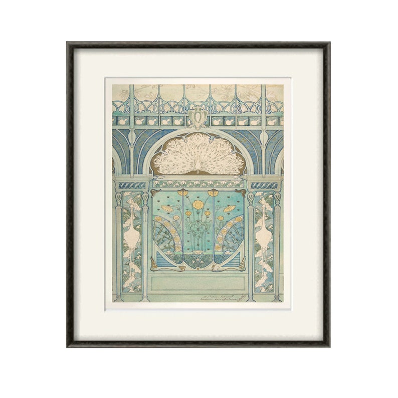 Peut inclure: Une illustration &agrave; l'aquarelle d'un design d'int&eacute;rieur d&eacute;coratif avec un paon, des fleurs et un motif g&eacute;om&eacute;trique. Le design est dans des tons de bleu, vert et or.