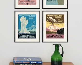 Vintage posterset nationaal park: retro reiskunstdruk