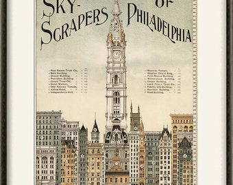 Skyscrapers Philadelphia art print poster old prints Wall poster art home decor wall print antique prints city print architectural art