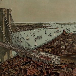 May include: Vintage illustration of the Brooklyn Bridge in New York City, featuring the bridge, boats, and the Statue of Liberty in the background. The artwork is in a sepia tone, with detailed depictions of buildings and ships.