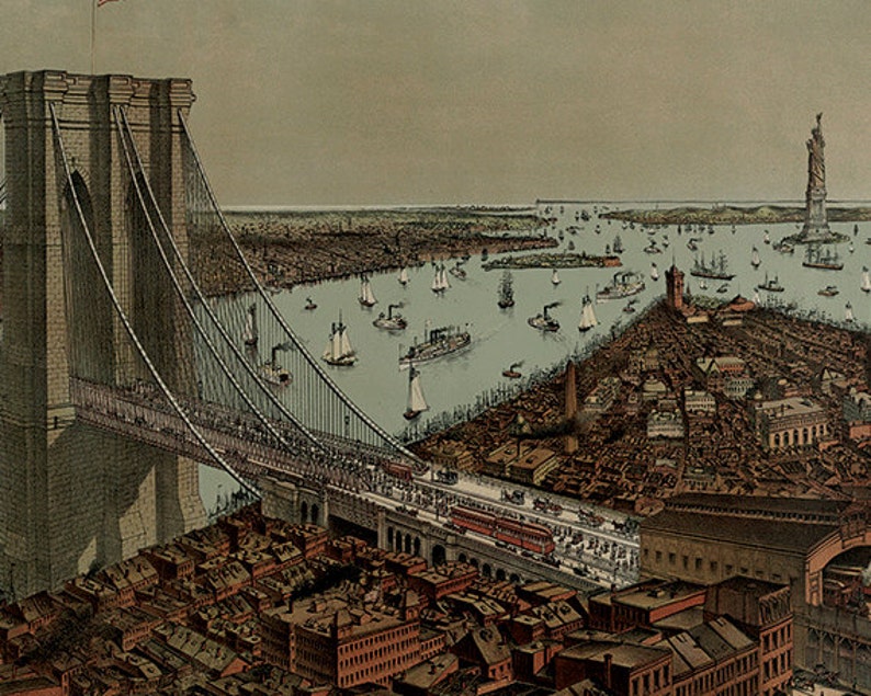 May include: Vintage illustration of the Brooklyn Bridge in New York City, featuring the bridge, boats, and the Statue of Liberty in the background. The artwork is in a sepia tone, with detailed depictions of buildings and ships.