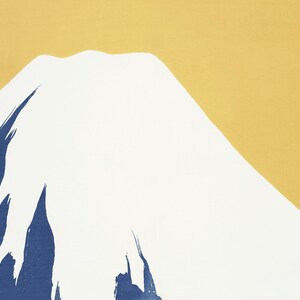 May include: A stylized illustration of Mount Fuji, a snow-capped mountain, against a yellow background. The mountain is depicted in a simple, minimalist style with blue brushstrokes representing the mountain's slopes.