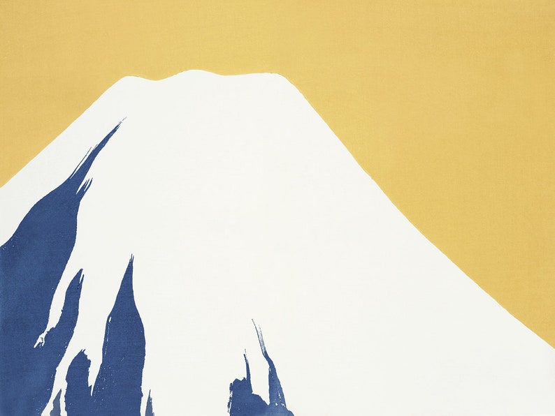 May include: A stylized illustration of Mount Fuji, a snow-capped mountain, against a yellow background. The mountain is depicted in a simple, minimalist style with blue brushstrokes representing the mountain's slopes.