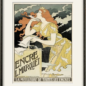 May include: A vintage poster advertising "Encre L. Marquet" ink. The poster features a woman with long red hair, wearing a yellow dress, sitting at a desk and writing with a quill pen. The text on the poster reads "Encre L. Marquet" and "La Meilleure de Toutes les Encres".