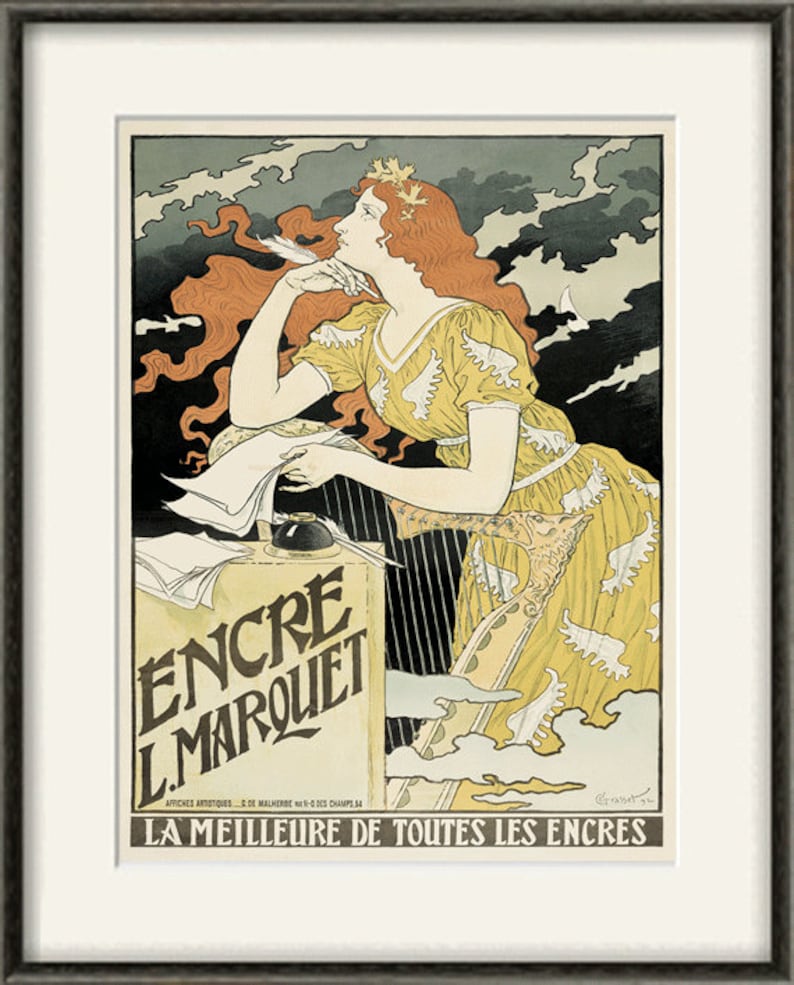 May include: A vintage poster advertising "Encre L. Marquet" ink. The poster features a woman with long red hair, wearing a yellow dress, sitting at a desk and writing with a quill pen. The text on the poster reads "Encre L. Marquet" and "La Meilleure de Toutes les Encres".
