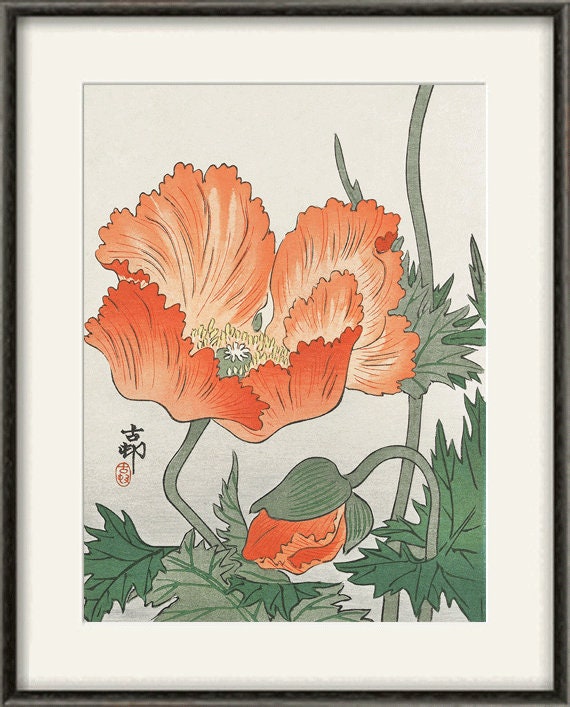日本画(35)　ポピー Antique Japanese Poppy Art Print: Botanical Wall Decor - Etsy