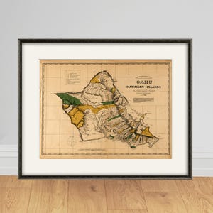 Carte d&#39;Oahu, Hawaï, impression de vieilles cartes