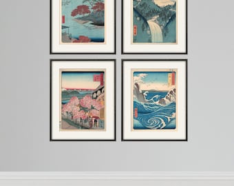 Conjunto de impresiones artísticas en madera japonesas de Hiroshige: decoración asiática vintage