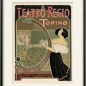 Peut inclure: Une affiche vintage annon&ccedil;ant l'op&eacute;ra Teatro Regio de Turin, en Italie. L'affiche repr&eacute;sente une femme jouant de la harpe avec un blason en arri&egrave;re-plan. Le texte sur l'affiche indique "Teatro Regio Torino".