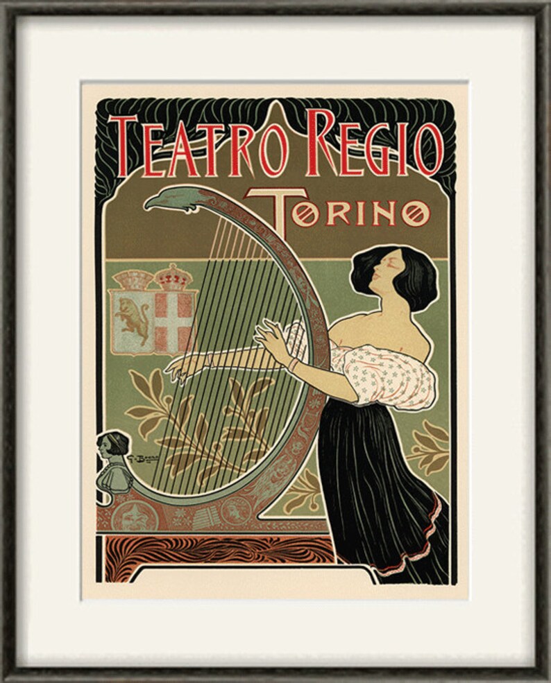 Peut inclure: Une affiche vintage annon&ccedil;ant l'op&eacute;ra Teatro Regio de Turin, en Italie. L'affiche repr&eacute;sente une femme jouant de la harpe avec un blason en arri&egrave;re-plan. Le texte sur l'affiche indique "Teatro Regio Torino".