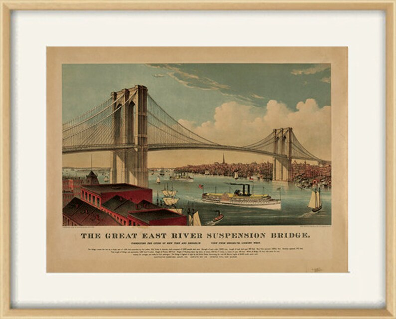 Puede incluir: Una ilustraci&oacute;n vintage del Gran Puente Colgante del East River, tambi&eacute;n conocido como el Puente de Brooklyn, en la ciudad de Nueva York. El puente se representa en un color marr&oacute;n claro con cables y torres blancas. La ilustraci&oacute;n muestra el puente desde un &aacute;ngulo bajo, con el horizonte de la ciudad en el fondo. El texto "THE GREAT EAST RIVER SUSPENSION BRIDGE" est&aacute; impreso en la parte inferior de la imagen.
