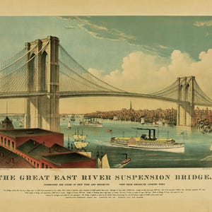 Puede incluir: Una ilustraci&oacute;n vintage del Gran Puente Colgante del East River que conecta las ciudades de Nueva York y Brooklyn. El puente es un puente colgante con dos torres y una gran extensi&oacute;n. La ilustraci&oacute;n est&aacute; en una paleta de colores apagados con un enfoque en el puente y la ciudad circundante.