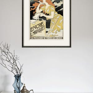 May include: A vintage poster advertising "Encre L.Marquet" ink. The poster features a woman in a yellow dress with flowing red hair, holding a pen and writing on a piece of paper. The text "LA MEILLEURE DE TOUTES LES ENCRES" is at the bottom of the poster.
