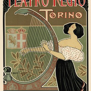 Peut inclure: Une affiche vintage annon&ccedil;ant l'op&eacute;ra Teatro Regio de Turin, en Italie. L'affiche repr&eacute;sente une femme jouant de la harpe, avec le texte "Teatro Regio Torino" en lettres rouges et noires.