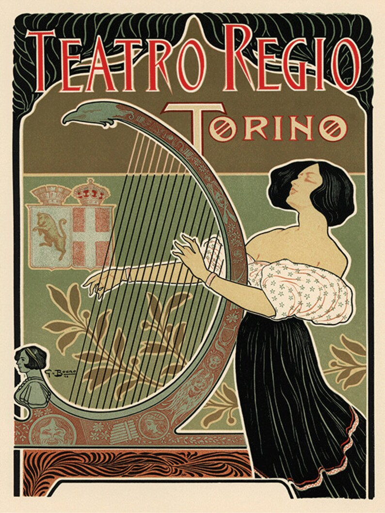 Peut inclure: Une affiche vintage annon&ccedil;ant l'op&eacute;ra Teatro Regio de Turin, en Italie. L'affiche repr&eacute;sente une femme jouant de la harpe, avec le texte "Teatro Regio Torino" en lettres rouges et noires.