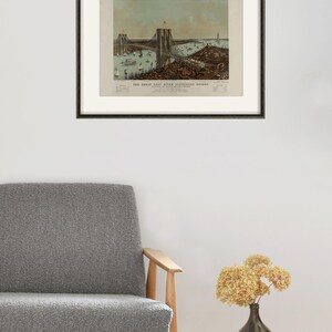May include: Framed vintage print of the Great East River Suspension Bridge, featuring a detailed illustration of the bridge, boats, and surrounding cityscape. The print is in a black frame and is displayed on a white wall.