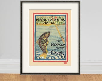 Antique Fishing Print: French Lithograph, Lake Cabin Art
