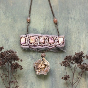 Unique Pearl Embroidered Necklace, Druzy Agate Pendant, Double Sided Pendant, One of a Kind OOAK Jewelry, Mixed Media Necklace for Woman