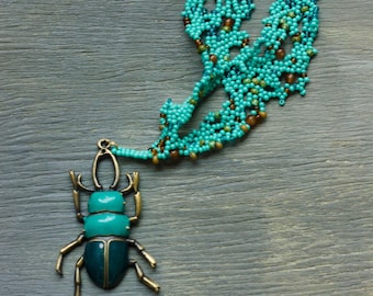 Teal Scarab Necklace, Long Beadwoven Necklace, Bug Pendant Necklace, Turquoise Blue Freeform Beading, Beetle Jewelry, One of A Kind OOAK