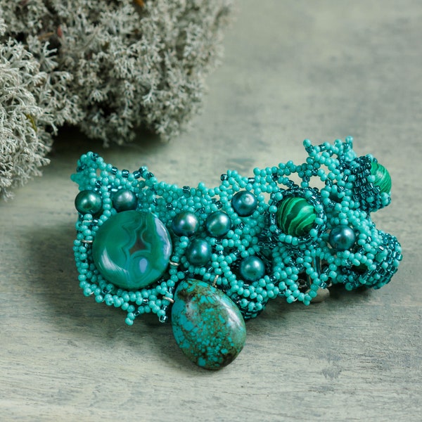 Real Turquoise Wide Cuff Bracelet for Women, Magnetic Clasp, Freeform Bead Woven Bracelet, Gorgeous Jewelry, Unusual Unique Beadwork