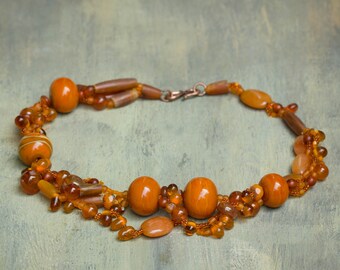 Verbrande oranje choker en oorbellen set, mixed media, asymmetrische ketting, verbrande oranje ketting, ongebruikelijke unieke dikke glazen ketting