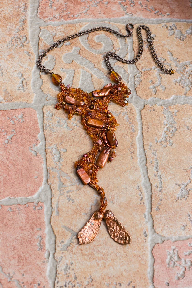 Autumn Statement Necklace Bracelet Set with Bright Orange Pearls and Copper Maple Seed Fall Gift