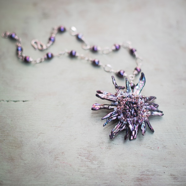 Grey Pearl Beaded Pendant Aster Necklace, Unique Floral Pendant Nature Lover, Large Flower Pendant, Mauve Pearls Necklace, Dramatic Necklace