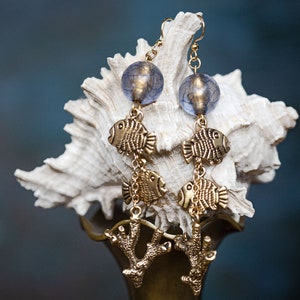 Golden Coral Fish Earrings, Very Long Earring Dangles, Ocean Gifts for Women, Sea Creatures, Waves Beach Themed Gifts, Golden Fish Charms