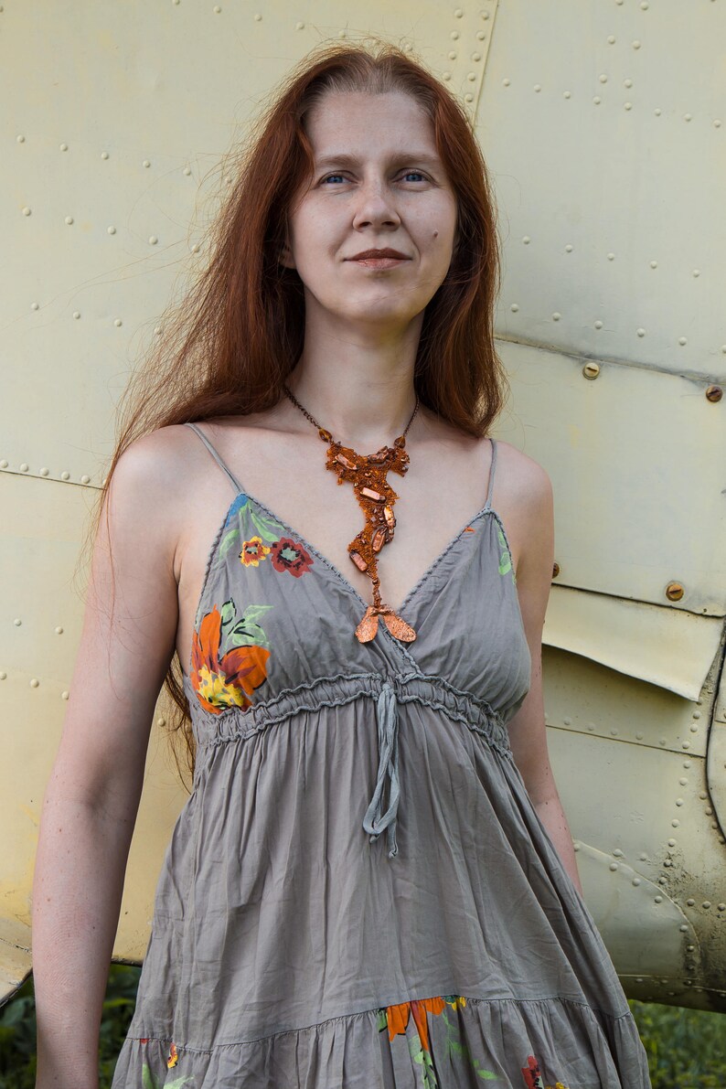 Autumn Statement Necklace Bracelet Set with Bright Orange Pearls and Copper Maple Seed Fall Gift