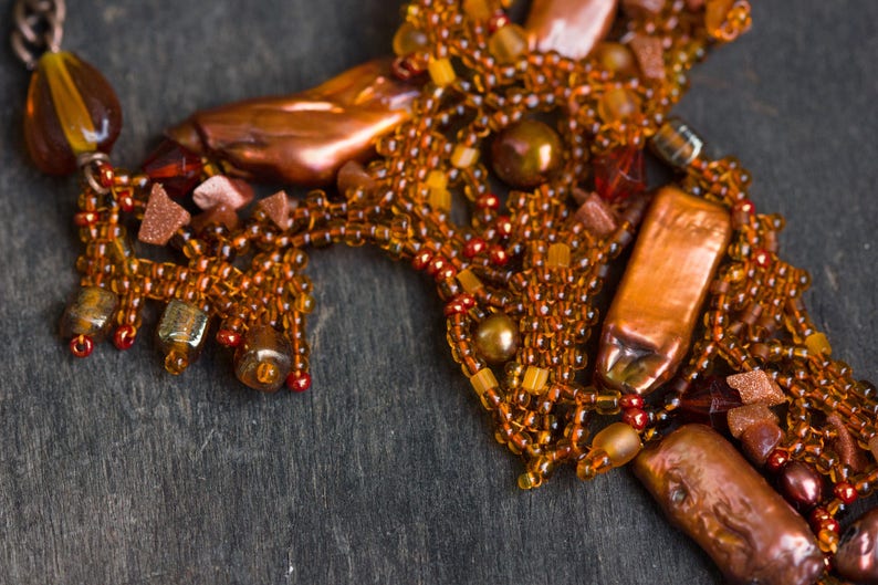 Autumn Statement Necklace Bracelet Set with Bright Orange Pearls and Copper Maple Seed Fall Gift
