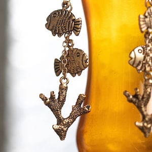 Golden Coral Fish Earrings, Very Long Earring Dangles, Ocean Gifts for Women, Sea Creatures, Waves Beach Themed Gifts, Golden Fish Charms