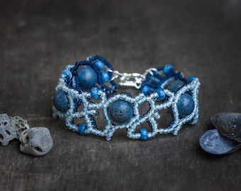 Blue Coral Bracelet, Unusual Unique Double Sided Bracelet, Soft Bracelet, Two-Sided Bracelet, Thin Wrist Band, One of a kind OOAK Bracelet
